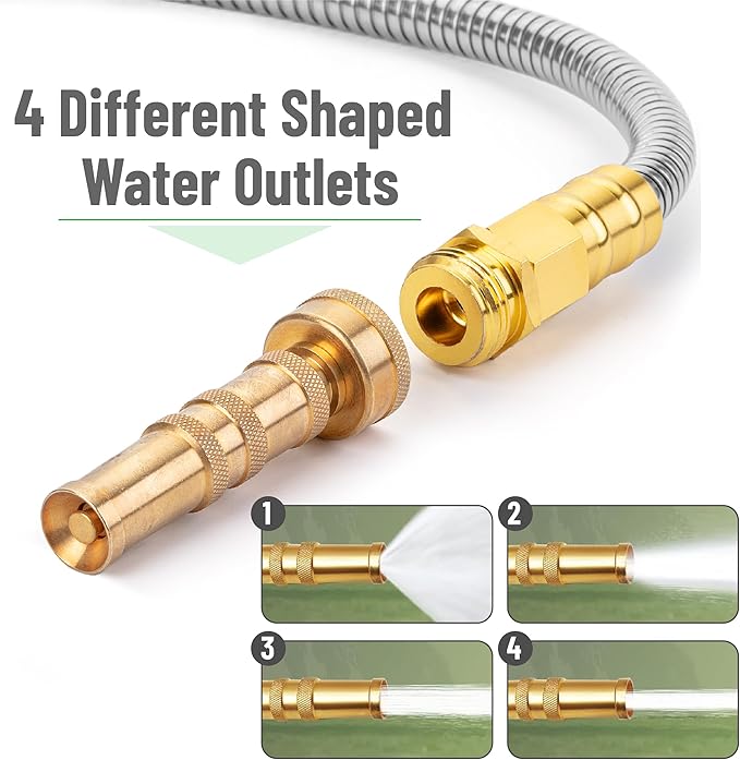 UNCO- Stainless Steel Metal Hose with 4 Function Brass Nozzle, 50 ft, No Kink, Metal Garden Hose