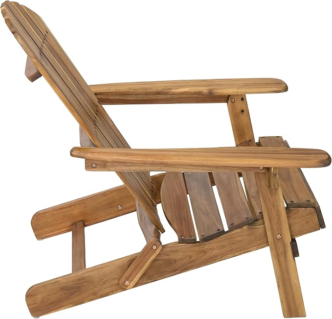 Merax Folding Adjustable Acacia Wood Adirondack Chairs, Water Proof Outdoor Wooden Fire Pit Lounge Reclining Chair for Yard, Garden, Patio, Natural Stained
