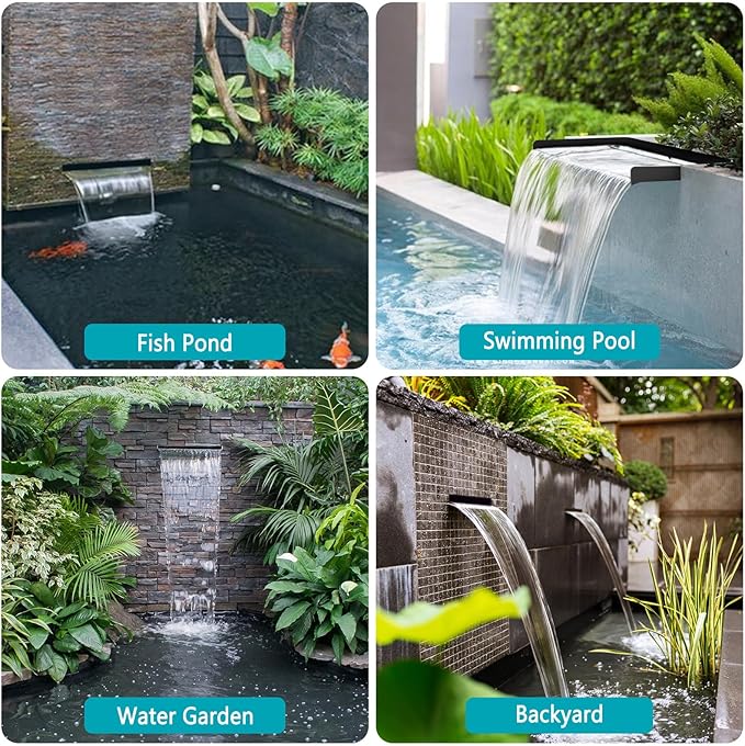 All-in-1 Pond Waterfall Kit with LED Lights, 12 inch Stainless Steel Spillway with 880GPH Water Pump, Outdoor Waterfall Fountain for Water Feature, Garden, Backyard, Pool