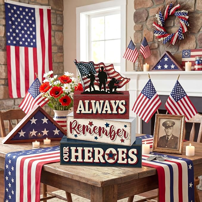 4 Pcs Memorial Day Table Decor Patriotic Always Remember Our Heroes Wooden Sign Fourth of July Tiered Tray Decor Red White Blue Table Centerpiece for Home Office Desk Shelf Mantel Decorations