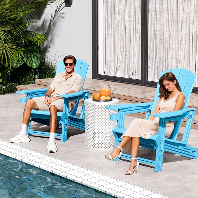 Adirondack Chair, Plastic Outdoor Patio Adirondack with Cup Holder, 400 LBS Capacity Recliner Chair Garden for Backyard Lawn Beach Sky Blue