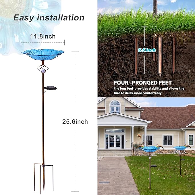 Homight Solar Glass Blue Bird Bath, Yard Art，Garden Outdoor Birdbath with Metal Stake with White LED Light Metal Stake Garden Decor Gifts