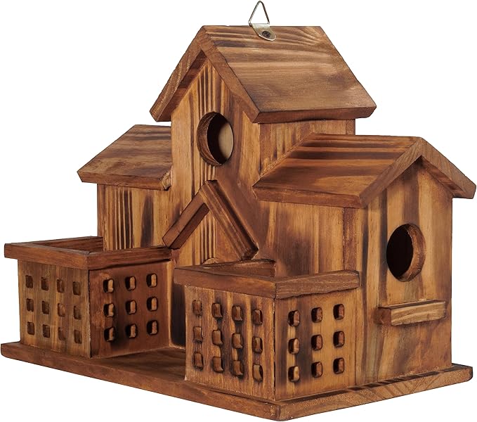 MIXUMON Bird Houses for Outside with Bird Feeder, Outdoor 3 Hole Bird House Room for 3 Bird Families Bluebird Finch Cardinals Hanging Birdhouse for Garden