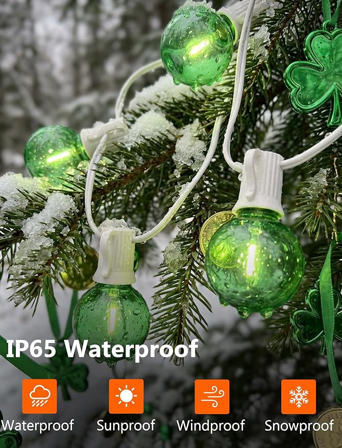 25FT G40 LED Outdoor Globe String Lights, Outdoor St. Patrick's Day Decorations Lights with 27 Shatterproof Clear Green Bulbs, Hanging Patio Lights Waterproof for Irish-themed Party Backyard Garden