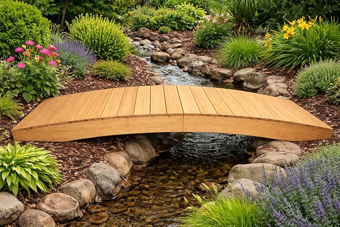 10 FT NATURAL Amish Made Pinewood Heavy Duty Garden Bridge for Walkway, Backyard Pond & Landscaping, Outdoor Wooden Footbridge for Koi Pond, Japanese Style Decorative Bridge, Made in USA