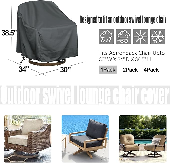 Outdoor Swivel Lounge Chair Cover 1 Pack, Fits to (30" W X 34" D X 38.5" H) Lawn Patio Chairs, 420D Tear-Resistant, UV Resistant, Waterproof for Furniture Covers, Gray