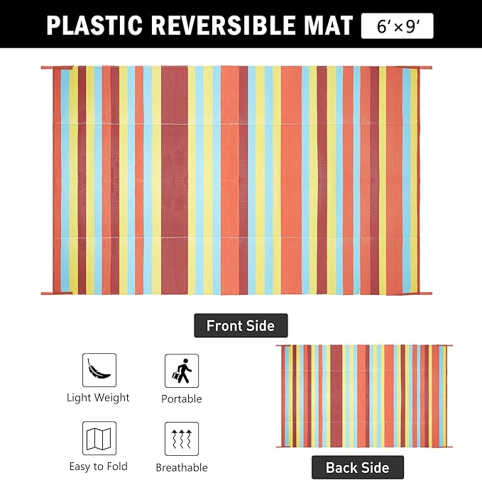HUGEAR Outdoor Waterproof Rug 6'x9' Plastic Straw Rugs Washable Reversible Floor Mat Rainbow Stripe Carpet for Camping RV Deck Entryance Porch Picnic Balcony Beach Backyard