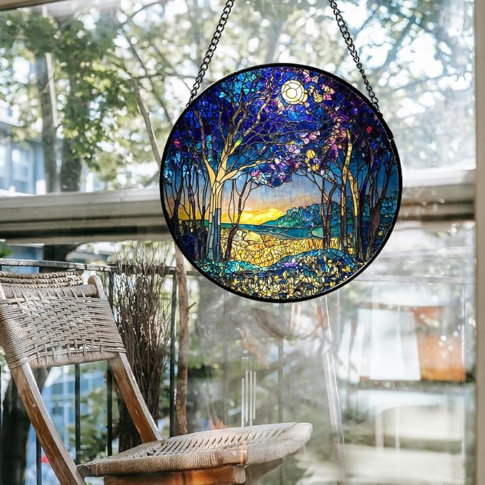 Stained Glass Window Hanging Blue Purple Forest Trees Landscape Moon 6.3" - Suncatcher Door Garden Sun Catcher Home Decor Birthday Christmas for Mom Men Woman Nana