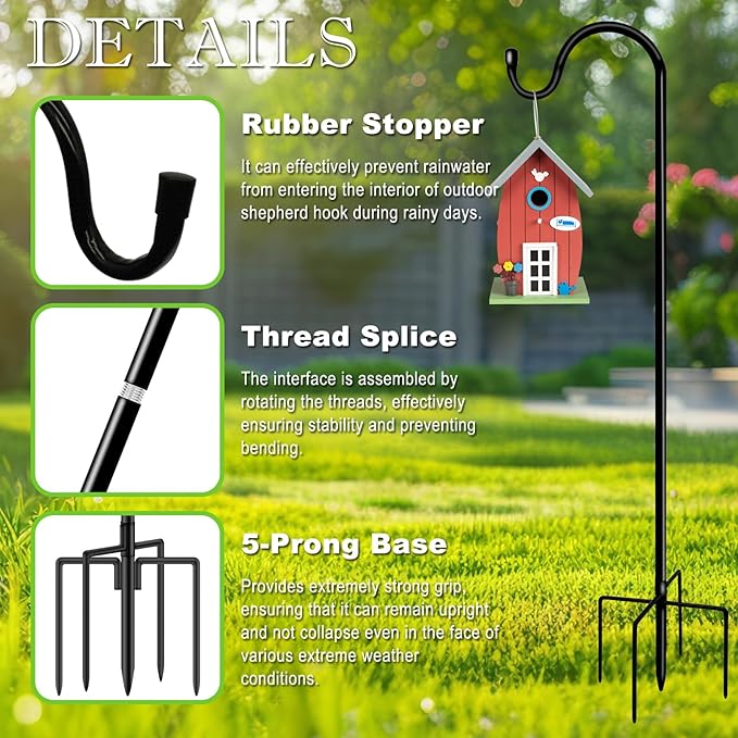 Shepherds Hooks for Outdoor 42 Inch Garden Bird Feeder Pole with 5 Prongs Base Adjustable for Hanging Flower Basket Plant Pot Solar Lantern Light Wind Chime Hanger for Wedding Decor 1 Pack