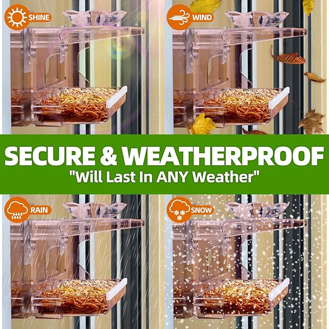 Window Bird Feeder with Non-Marking Self-Adhesive Hooks, Clear and Transparent, Outdoor Wild Bird Watching Gift, Garden Decor (Red)