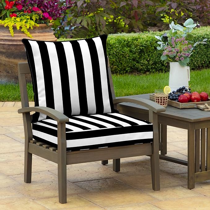 Arden 24x24 Outdoor Foam Deep Seat Cushion Set – Fade-Resistant, Weather-Resistant Outdoor Patio Replacement Cushions Black Cabana Stripe