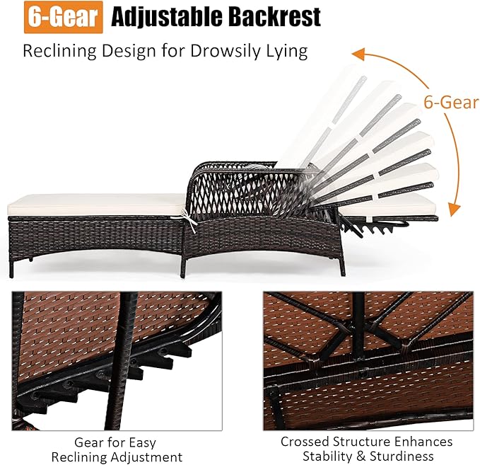 Tangkula Wicker Chaise Lounge Outdoor, Patio Rattan Reclining Chaise with 6-Gear Adjustable Backrest, Thick Padded Cushion & Removable Lumbar Pillow, Pool Lounge Chairs for Outside Balcony Backyard