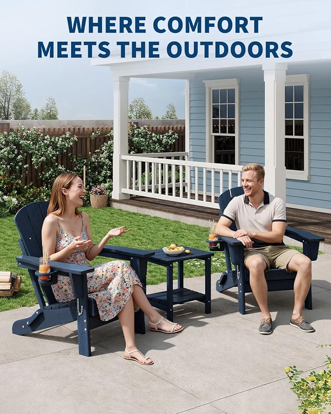 Folding Adirondack Chair Set of 2 with Side Table, All-Weather HDPE Outdoor Chair, Wooden Textured with Cup Holder for patios, Decks, Gardens, fire pits, Navy Blue