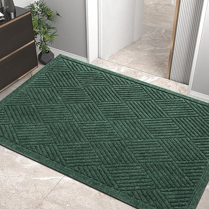 Sturdy Front Door Mat, Absorbent Muddy Dirt Resist Welcome Door Mats Outdoor Indoor, Stain and Fade Resistant, Non-Slip Rubber Backing Low Profile Doormat for Entryway, 47×32, Green