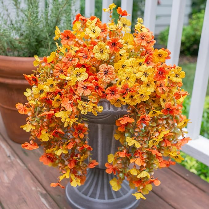 HyeFlora Artificial Flowers for Fall Outdoors Decoration, 2Pcs Fake Fall Light Orange & Yellow Hanging Flowers, Faux Autumn Decor for Porch Patio Balcony Planter, Realistic Arrangement