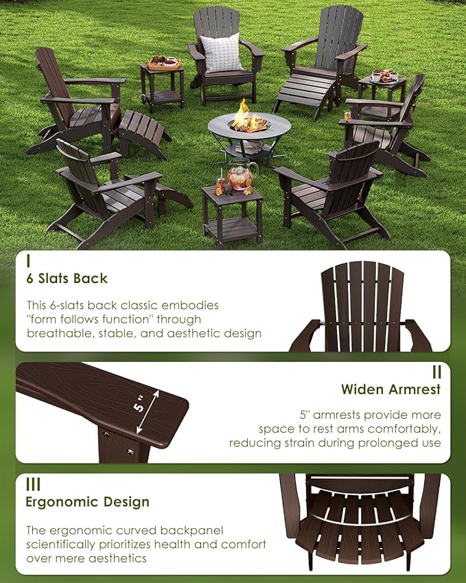 GREENVINES Adirondack Chairs Set of 2 | Wood Grain HDPE Plastic | Oversized Fire Pit Chair | All Weather | Dark Brown | Poly Lumber | for Outdoor Deck Backyard Patio Garden