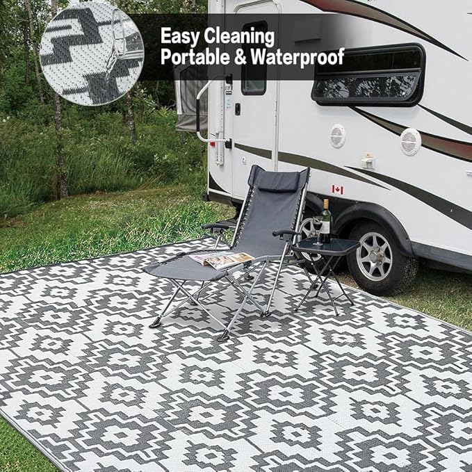 HUGEAR Outdoor Plastic Straw Rug, Waterproof Outdoor Rugs for Patios Clearance, Reversible Area Rug, Large Outside Carpet for Camping, Balcony, RV, Deck, 8x10ft Geometric/Gray&White