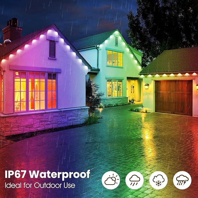 Permanent Outdoor Eaves Lights, IP67 Waterproof Smart LED Light with App Control Remote, RGB String Lights for Christmas Holiday DIY House, Roof, Garden Decor Lighting - 100FT