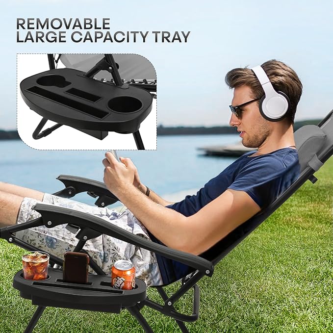 Athena Collection Zero Gravity Chair, Folding Lounge Chair, Reclining Camping Chair, Outdoor Zero Gravity Recliner with Adjustable Pillow and Cup Holder for Outside Beach Garden Patio Poolside - Gray
