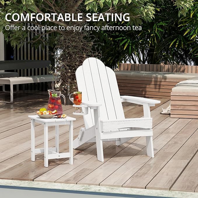 LUE BONA Folding Adirondack Chair 3 Piece Set, White HDPS Outdoor Chair with Side Table & Cup Holder for Poolside Balcony Seating