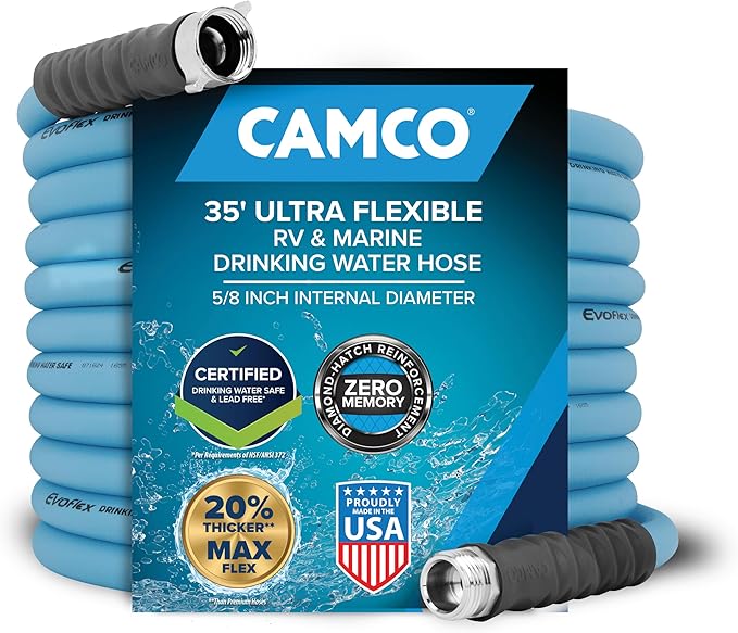Camco EVOFlex 35-Ft RV Drinking Water Hose - Features Extra Flexible Design w/Stainless Steel Strain Relief Ends - Lead-Free, BPA-Free and Phthalate-Free - 5/8” Inside Diameter (22595)