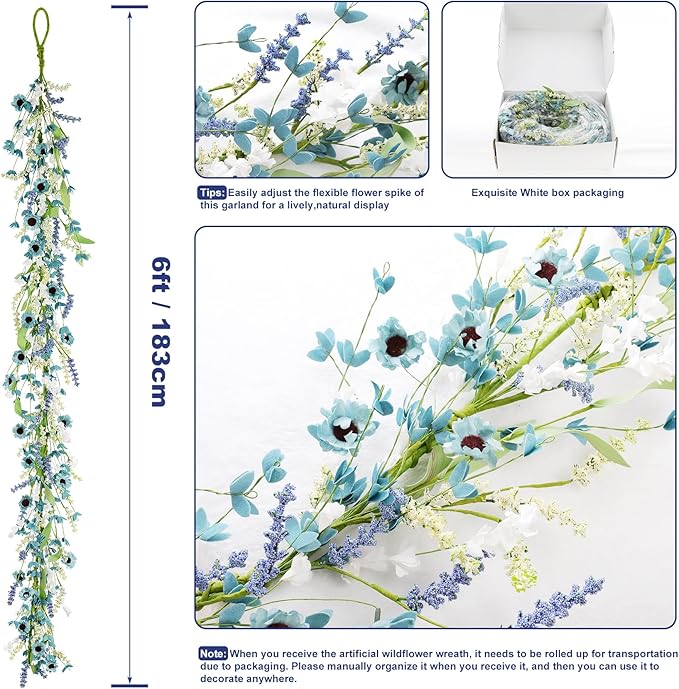 6FT Blue Flower Garland Fake Flowers Vines Faux Artificial Floral Garland Summer Spring Wreath Blueness with Green Leaves Wreaths Blue Daisy Artificial Grains Flower Wreath for Front Door Wreaths