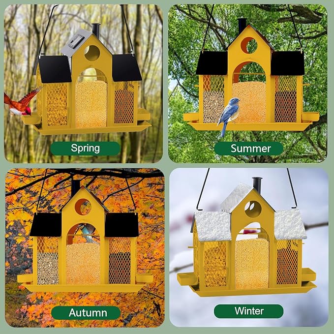 Solar Bird Feeder House for Outside Hanging, Large Capacity Birdhouse Bird Feeders Hanging for Outdoors, Metal Mesh Wild Birdfeeder for Finch Cardinal (Yellow and Black)