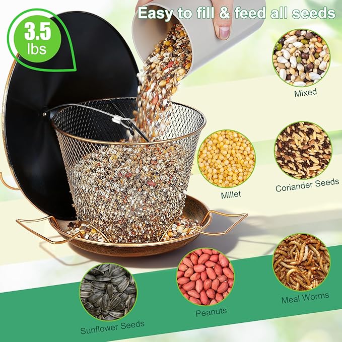 Bird Feeder for Outdoor Hanging, All Metal Weatherproof Wild Bird Feeder with 9.8" Roof, 3.5 LBs Seeds Capacity, Easy to Clean & Refill