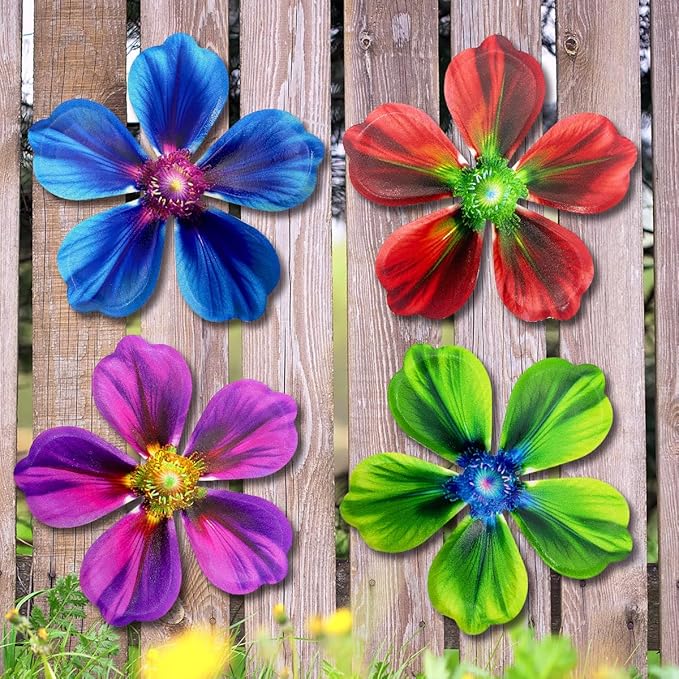 Giyyomtr Metal Flowers Wall Decor - 4pcs Metal Flower Wall Art Hanging Decorations for Outdoor Fence Garden Yard Patio Decor, Gift for Mom Friends