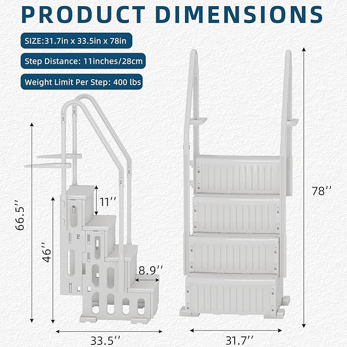Pool Ladder, 4-Step Pool Stairs with Double Handrails and Non-Slip Steps for 48-54” Above Ground and In-Ground Pools, White