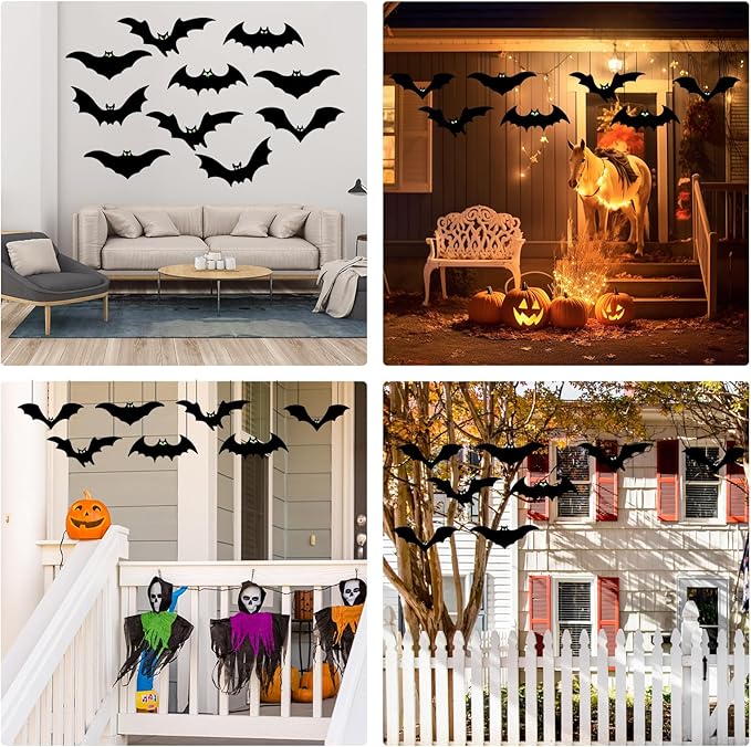 Hanging Bats Halloween Decorations Outdoor - 16 Pack Glowing Eyes Large Flying Bats 5 Different Size, Waterproof Plastic Realistic Black Bats Hanging in Tree Outside Halloween Decoration for Porch
