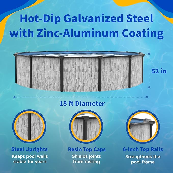 Blue Wave Sevilla 18-ft Round 52-in Deep Above Ground Swimming Pool – with Steel Wall & Top Rails, Sand Filter, Overlap Liner, A-Frame Ladder & Maintenance Kit – Complete Outdoor Pool Accessories