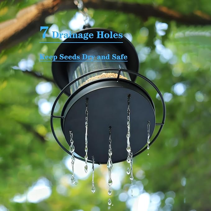 Bird Feeders for Outdoors,Hanging Bird Feeder with Locking Lid, Metal Birdfeeder with 17.5cm Weatherproof Large Roof&Tray,3 Feeding Perches,Chew-Proof, Black,1 Pack