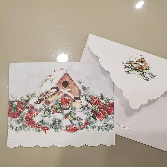 Set of 3 - Christmas Holiday Snowy Birdhouse Boxed Note Cards by Carol Wilson. 10 embossed 4x5 Die-Cut Notecards and Matching Envelopes in Decorative Gift Box with Magnetic Flap. NCPX2423