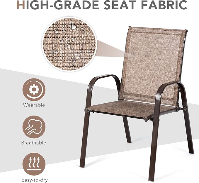 Tangkula 2 Piece Patio Dining Chairs, Outdoor Bistro Chairs W/Curved Armrests, Easy-to-Dry Fabric, Reinforced Steel Frame, Wide & Comfortable Camping Chairs for Garden, Poolside, Backyard (1, Brown)