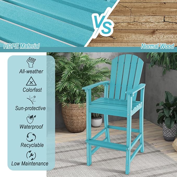 Giantex Set of 2 HDPE Outdoor Bar Stools, All Weather Tall Adirondack Chair with Armrest, Footrest, Load 360Lbs, Counter Height Bar Stool for Patio, Garden, Yard, Indoor Or Outdoor Use (Turquoise)