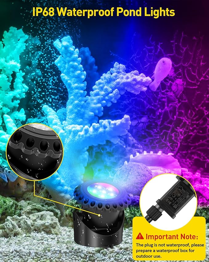 T-SUN LED Pond Lights Underwater, Color Changing Submersible Fountain Lights with APP Control, Waterproof Spotlight with 16 Million Colors, Timing, Music Sync (RGB, 6-Head)