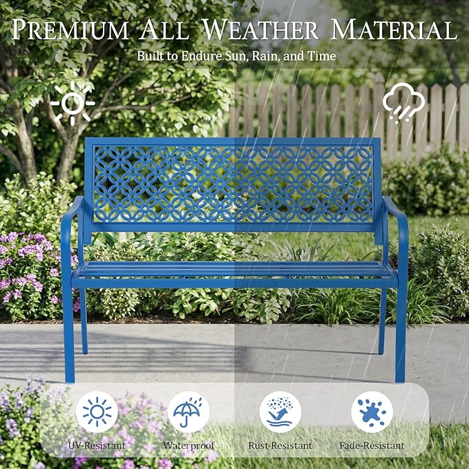 ONBRILL 50" Outdoor Bench, Garden Benches with Galvanized Metal Frame, Front Porch Bench with Floral Backrest, Patio Furniture with Adjustable Feet for Park, Yard, Lawn, Entryway, Blue