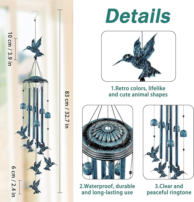 LESES Hummingbird Wind Chimes Outdoor Wind Chime with 4 Aluminum Tubes & 6 Wind Bell, Memorial Wind Chimes for Outside Unique Sympathy Gifts for Home Garden Patio