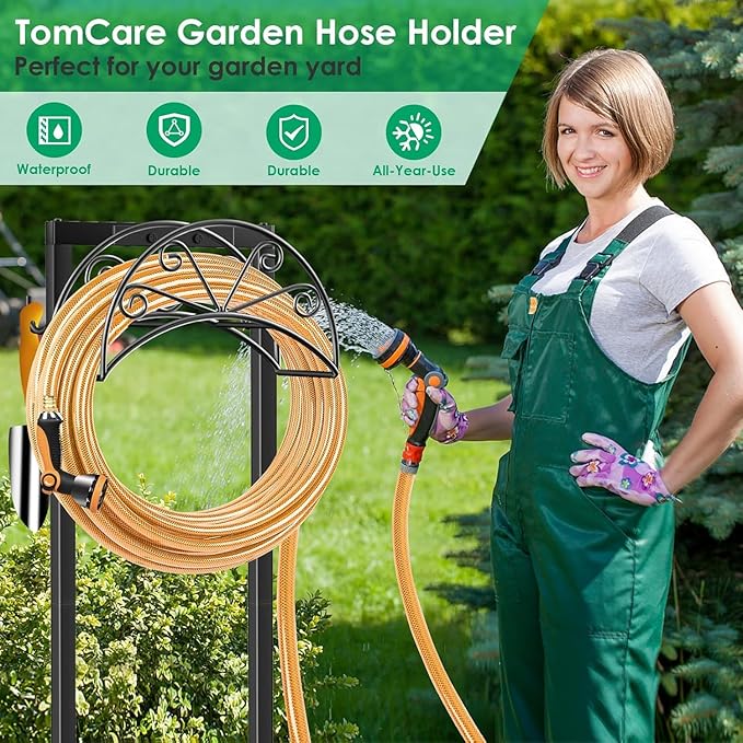 TomCare Garden Hose Holder Heavy Duty Water Hose Holder Holds 160 FT Hoses 4 Spikes Hose Reel with 2 Tool Hooks Freestanding Hose Hanger Sturdy Hose Storage Stand for Outside Yard Lawn, Black