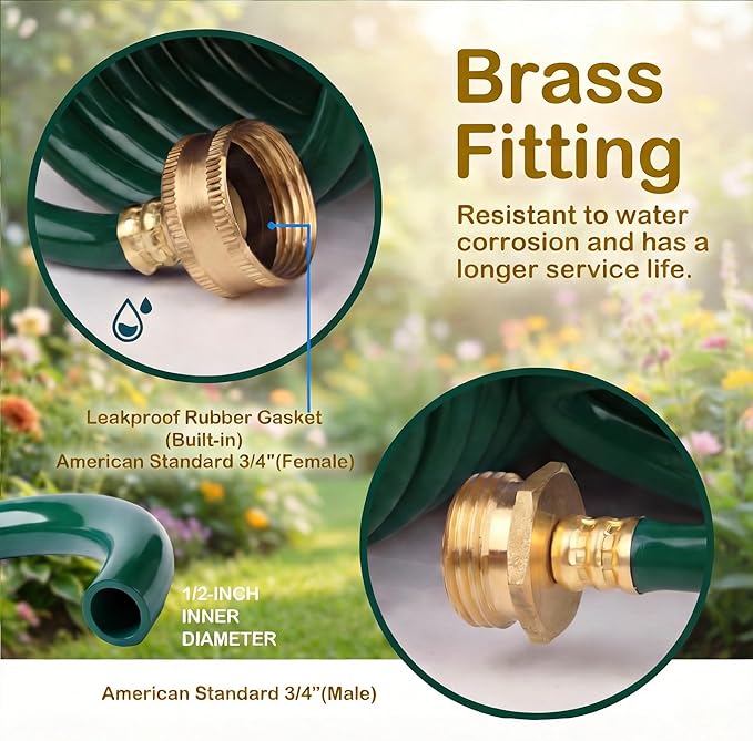 Lightweight EVA Coil 15 ft Garden Hose with 1/2" GHT Solid Brass Fittings, Water Hose with Brass Connectors (15FT, Green)