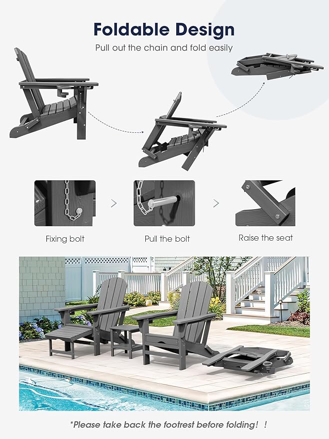 KINGYES Folding Adjustable Adirondack Chair with Retractable Ottoman Set of 6, HDPE All Weather Chair with Cup Holder - Recliner Adirondack Chair, Grey