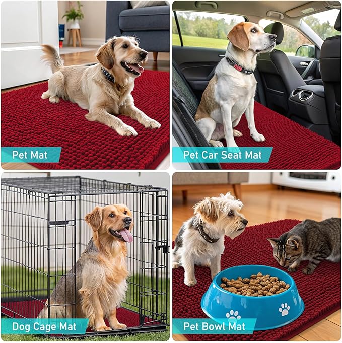 OLANLY Dog Door Mat for Muddy Paws 48x30, Absorbs Moisture and Dirt, Absorbent Non-Slip Washable Doormat, Quick Dry Chenille Mud Mat for Dogs, Entry Indoor Entryway Carpet for Inside Floor, Red