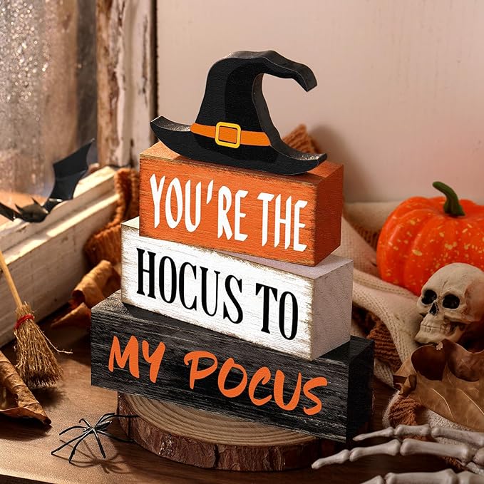 4 Pcs Halloween Hocus Pocus Table Decor Witch Hat Wooden Signs Distressed You're the Hocus to My Pocus Tabletop Centerpieces Witch Tiered Tray Decor Rustic Halloween Decorations for Home Desk