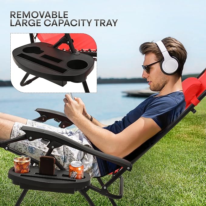 AthAthena Collection Zero Gravity Chair, Outdoor Lounge Chair with Adjustable Pillow and Cup Holder, Reclining Camping Chair for Outside Beach Lawn Garden Patio Poolside - Red