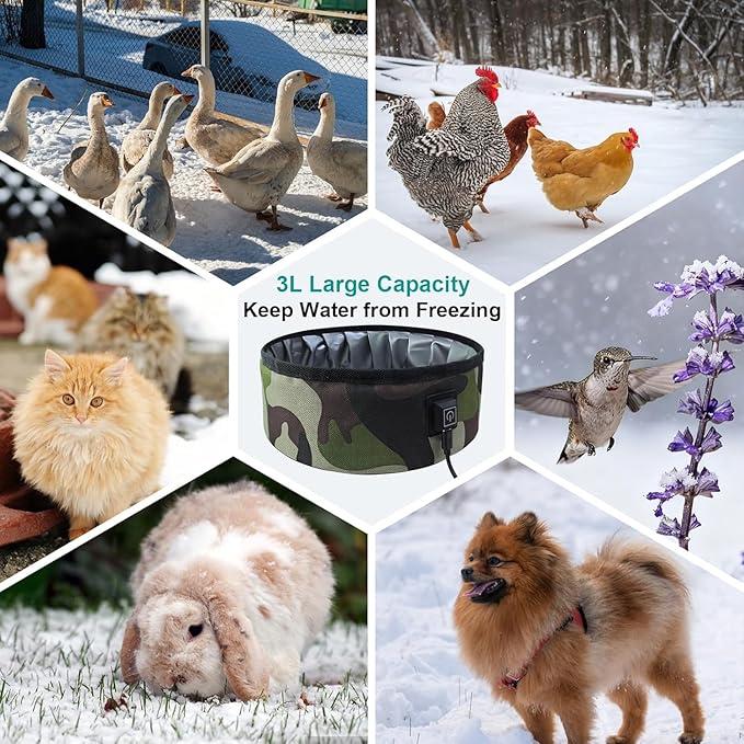 3L Heated Water Bowl for Pets -USB Powered, Foldable, Waterproof for Dogs, Cats, Squirrels, Rabbits, Chickens, and Bird - 3L Capacity – Winter Outdoor Use – Keeps Water from Freezing in Snowy Weather