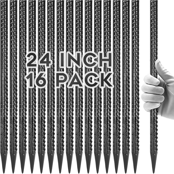 24 Inches Rebar Stakes(16pcs) Heavy Duty Straight Metal Ground Anchors with Chisel Point Ends for Timber,Concrete,Plant Support,Camping Tents,1/2 Inch Thickness Garden Stakes,Black