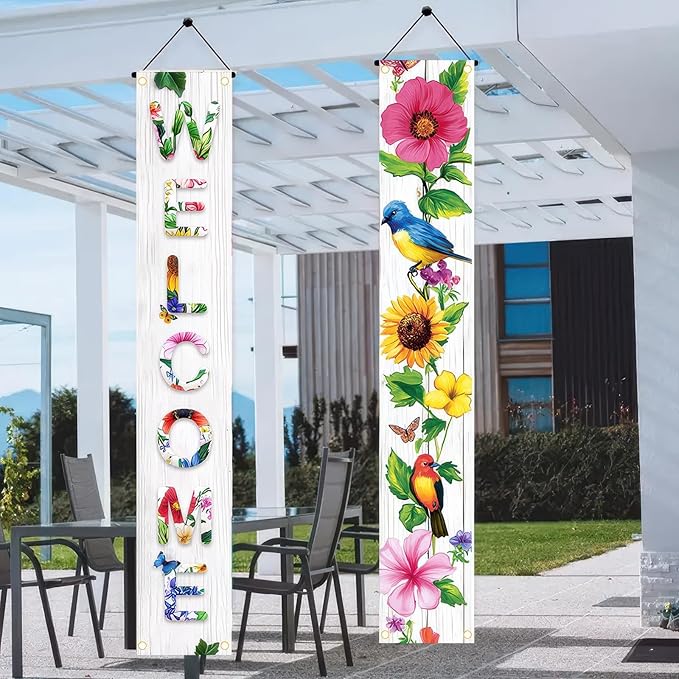 2 Pcs Welcome Floral Porch Banners Spring Bird Flower Hanging Flag Porch Sign for Front Door Outdoor Seasonal Holiday Wedding Yard Decor Farmhouse Indoor Outdoor Wall Backdrop Decorations