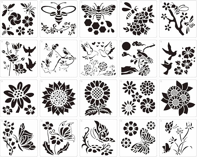 20 pcs Flower Butterfly Stencils Reusable, 5x5 Spring Theme Stencils for Painting on Wood, Plastic Drawing Painting Spraying Template for Greeting Cards, Wall Window Door DIY Decoration (G-20PCS)