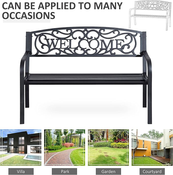 Outsunny 50" Outdoor Metal Welcome Bench, Garden Bench with Slatted Seat, Patio Bench for Park, Porch, Yard, Entryway, Black